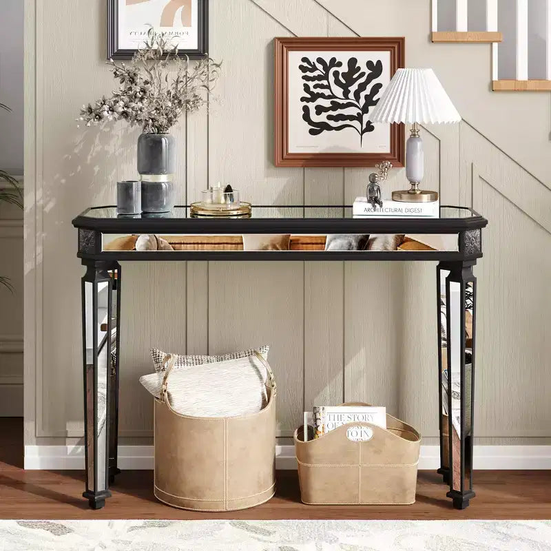 Table console vintage Okak 48IN avec sculpture en grain de bois, table d'appoint avec surface miroir, table de couloir pour salon, entrée