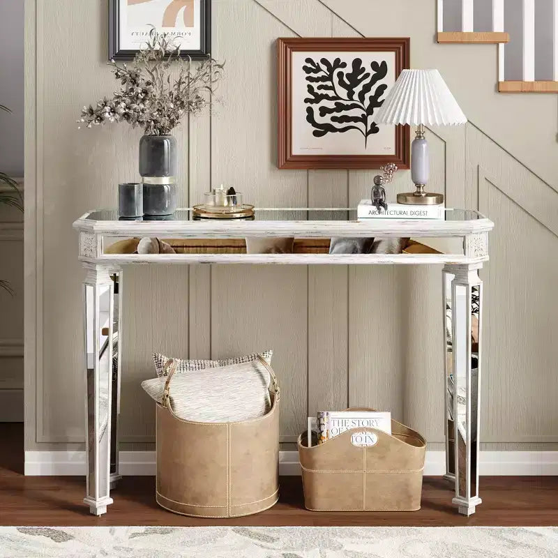 Okak 48IN Vintage Console Table with Wood Grain Carving, Accent Table with Mirror Surface, Hallway Table for Living Room, Entryway