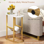 Table d'appoint Costway avec plateau imitation marbre et porte-revues, cadre métallique robuste, marron/blanc