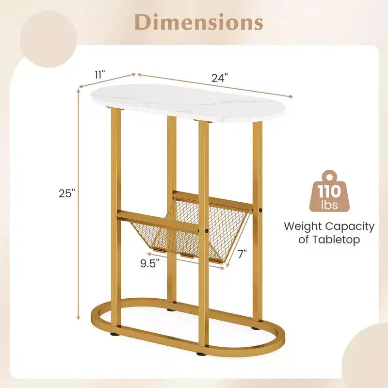 Table d'appoint Costway avec plateau imitation marbre et porte-revues, cadre métallique robuste, marron/blanc
