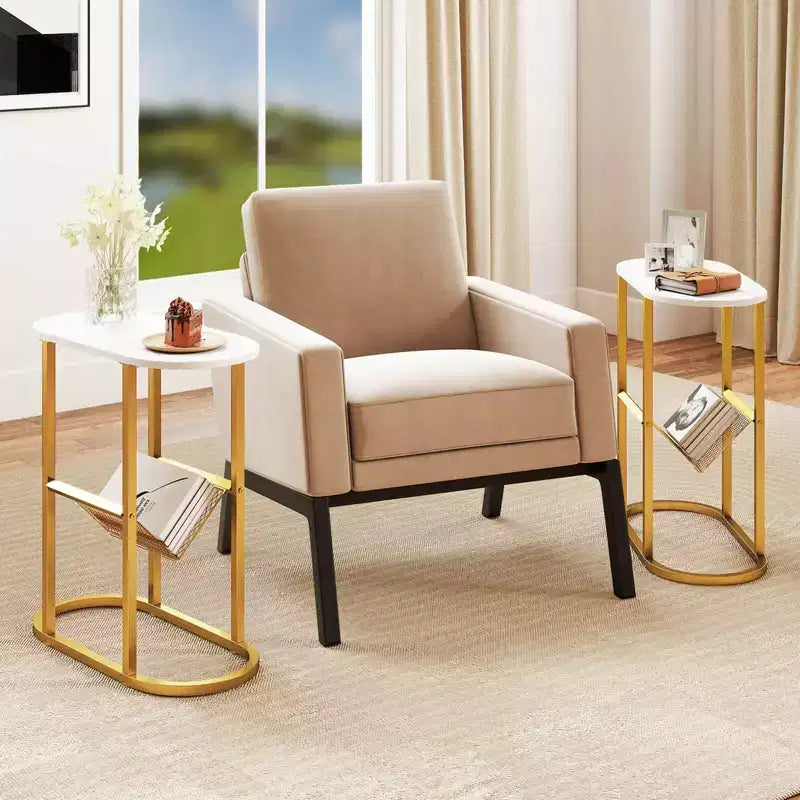 Table d'appoint Costway avec plateau imitation marbre et porte-revues, cadre métallique robuste, marron/blanc