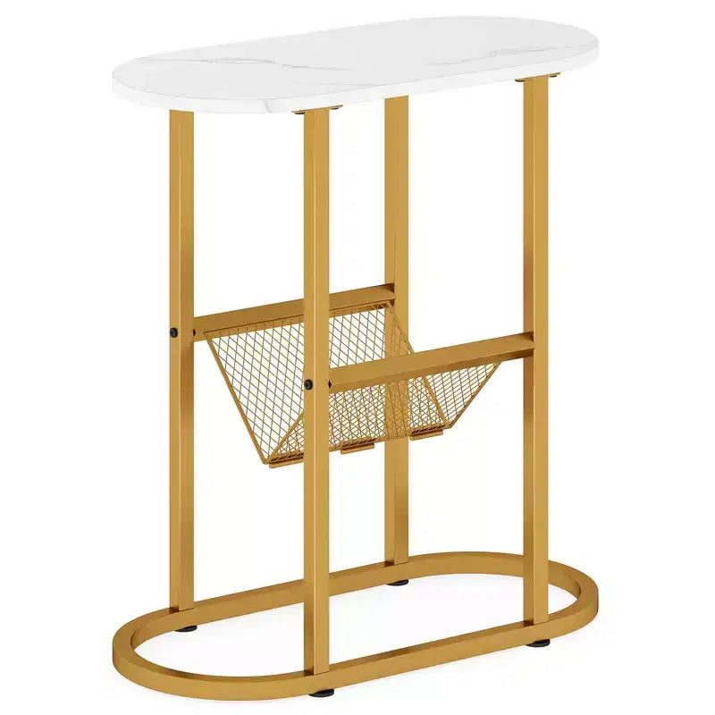 Table d'appoint Costway avec plateau imitation marbre et porte-revues, cadre métallique robuste, marron/blanc