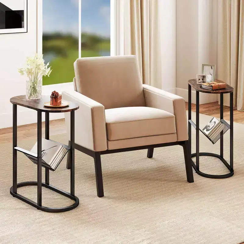 Table d'appoint Costway avec plateau imitation marbre et porte-revues, cadre métallique robuste, marron/blanc