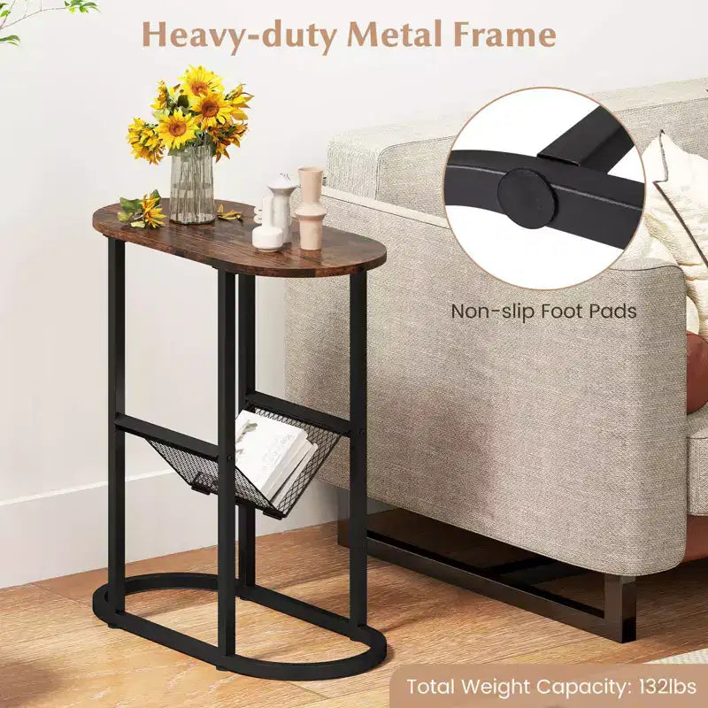 Table d'appoint Costway avec plateau imitation marbre et porte-revues, cadre métallique robuste, marron/blanc