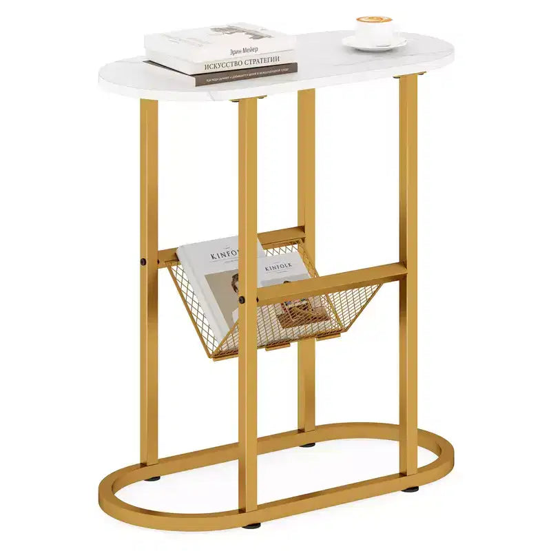 Table d'appoint Costway avec plateau imitation marbre et porte-revues, cadre métallique robuste, marron/blanc