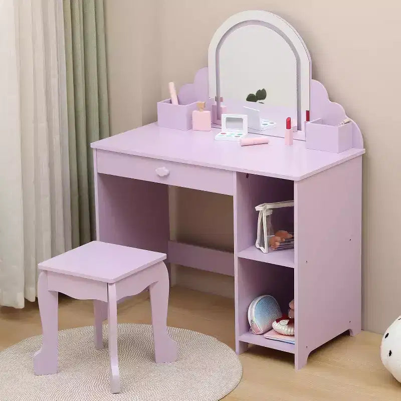 Coiffeuse pour enfants Acekool avec miroir, tabouret, tiroir, étagères de rangement, ensemble de table de maquillage princesse