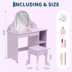 Coiffeuse pour enfants Acekool avec miroir, tabouret, tiroir, étagères de rangement, ensemble de table de maquillage princesse