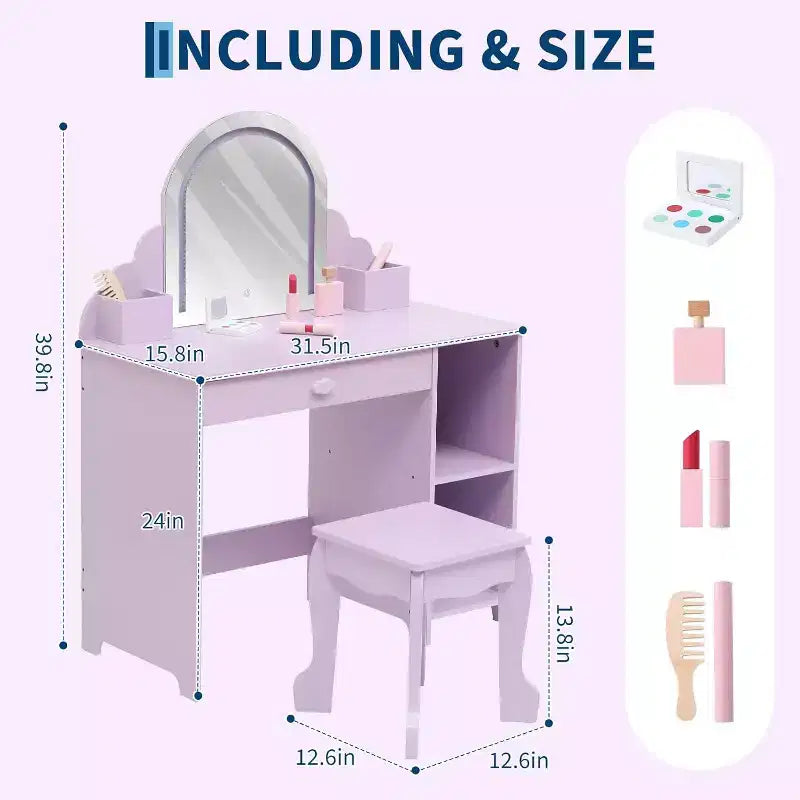 Coiffeuse pour enfants Acekool avec miroir, tabouret, tiroir, étagères de rangement, ensemble de table de maquillage princesse