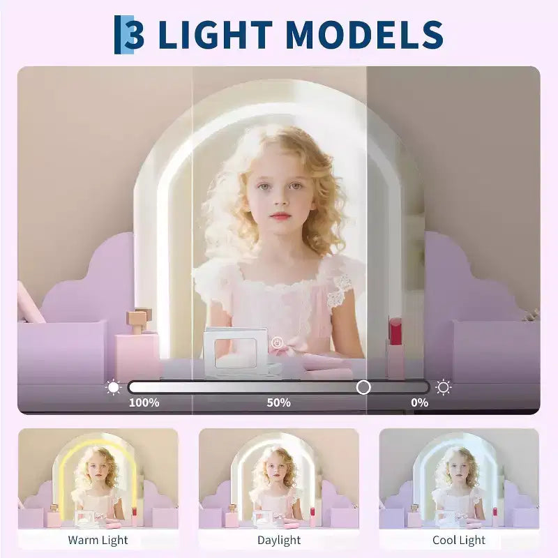 Coiffeuse pour enfants Acekool avec miroir, tabouret, tiroir, étagères de rangement, ensemble de table de maquillage princesse