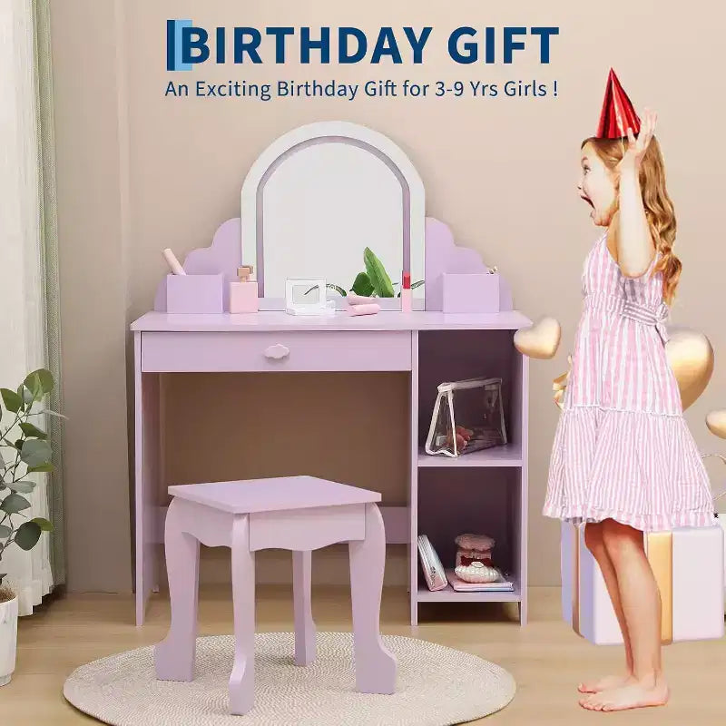 Coiffeuse pour enfants Acekool avec miroir, tabouret, tiroir, étagères de rangement, ensemble de table de maquillage princesse