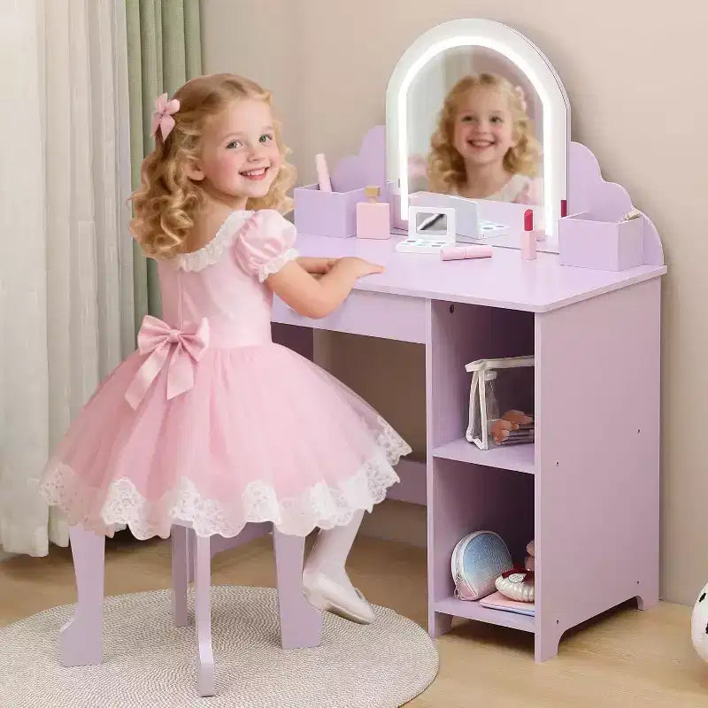 Coiffeuse pour enfants Acekool avec miroir, tabouret, tiroir, étagères de rangement, ensemble de table de maquillage princesse