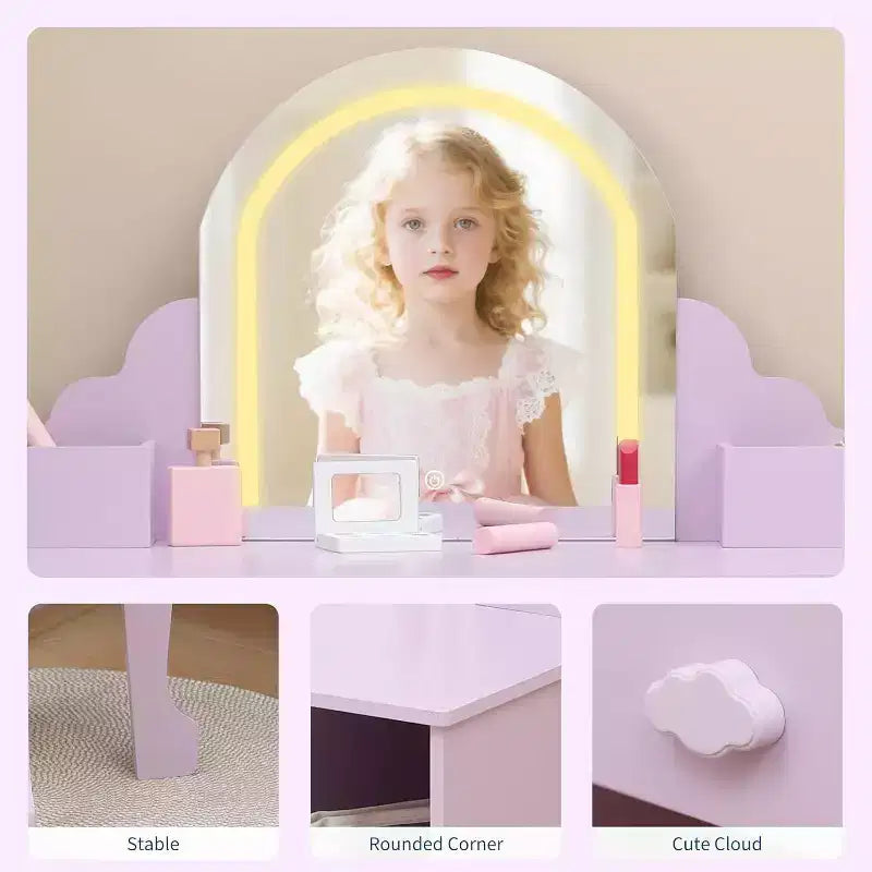 Coiffeuse pour enfants Acekool avec miroir, tabouret, tiroir, étagères de rangement, ensemble de table de maquillage princesse