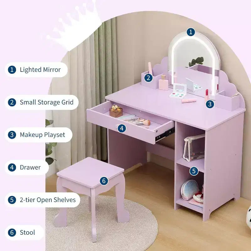Coiffeuse pour enfants Acekool avec miroir, tabouret, tiroir, étagères de rangement, ensemble de table de maquillage princesse