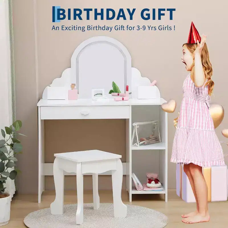Coiffeuse pour enfants Acekool avec miroir, tabouret, tiroir, étagères de rangement, ensemble de table de maquillage princesse