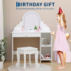 Coiffeuse pour enfants Acekool avec miroir, tabouret, tiroir, étagères de rangement, ensemble de table de maquillage princesse