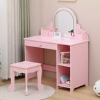 Coiffeuse pour enfants Acekool avec miroir, tabouret, tiroir, étagères de rangement, ensemble de table de maquillage princesse