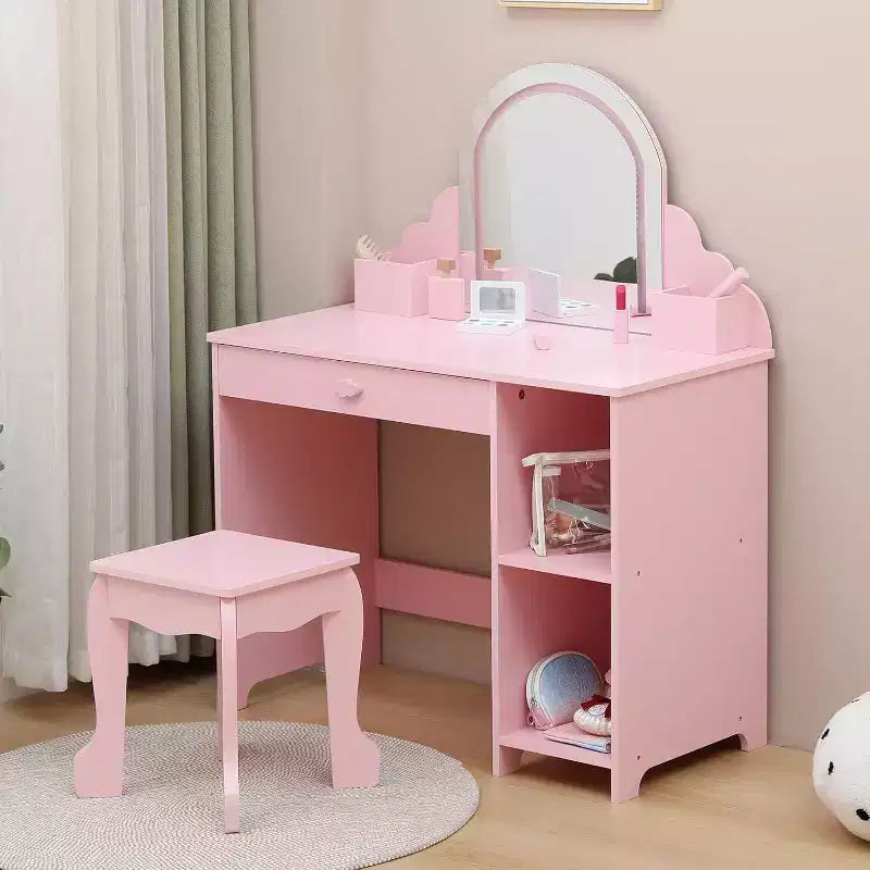 Coiffeuse pour enfants Acekool avec miroir, tabouret, tiroir, étagères de rangement, ensemble de table de maquillage princesse