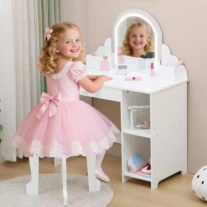 Coiffeuse pour enfants Acekool avec miroir, tabouret, tiroir, étagères de rangement, ensemble de table de maquillage princesse