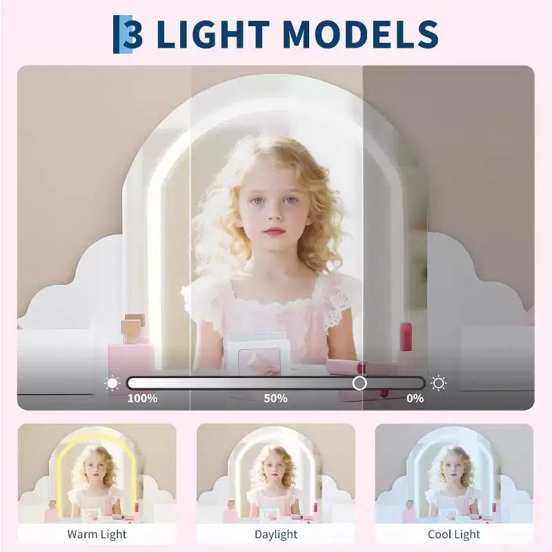 Coiffeuse pour enfants Acekool avec miroir, tabouret, tiroir, étagères de rangement, ensemble de table de maquillage princesse
