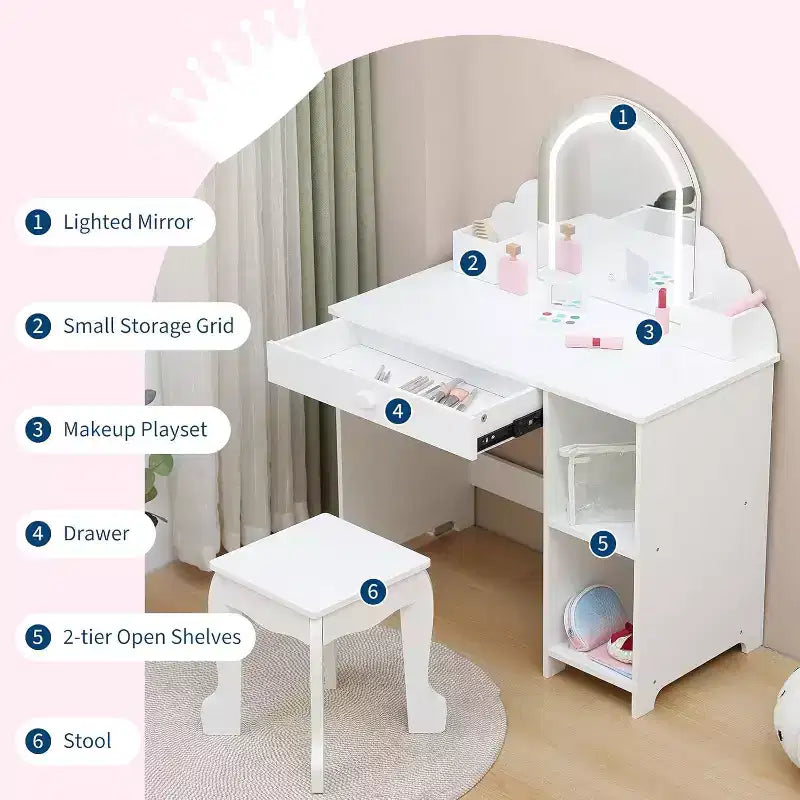 Coiffeuse pour enfants Acekool avec miroir, tabouret, tiroir, étagères de rangement, ensemble de table de maquillage princesse