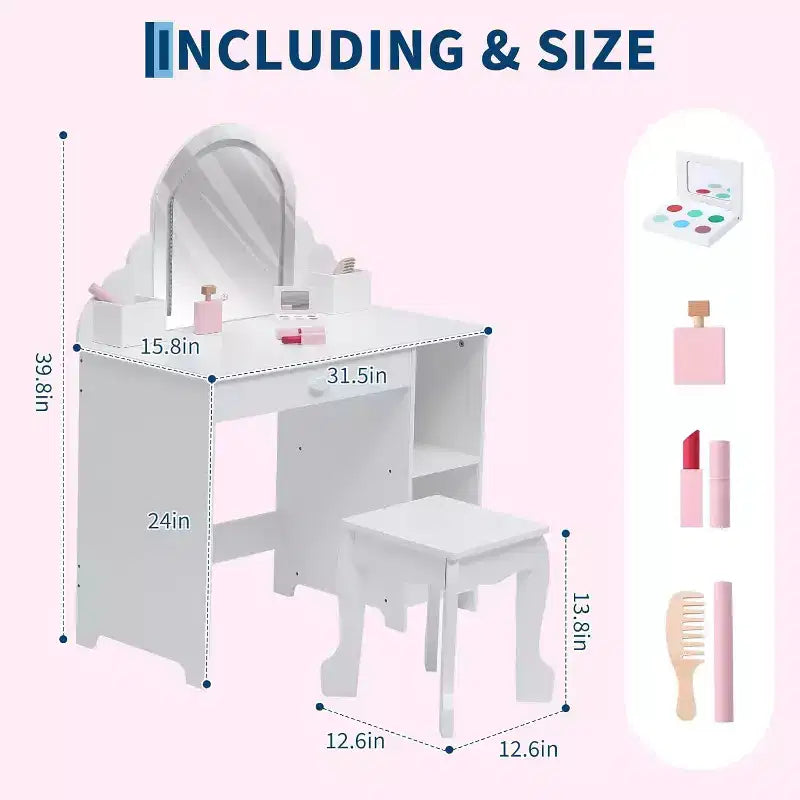 Coiffeuse pour enfants Acekool avec miroir, tabouret, tiroir, étagères de rangement, ensemble de table de maquillage princesse