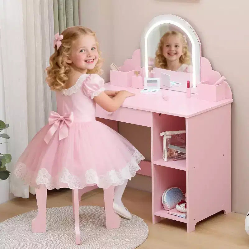 Coiffeuse pour enfants Acekool avec miroir, tabouret, tiroir, étagères de rangement, ensemble de table de maquillage princesse