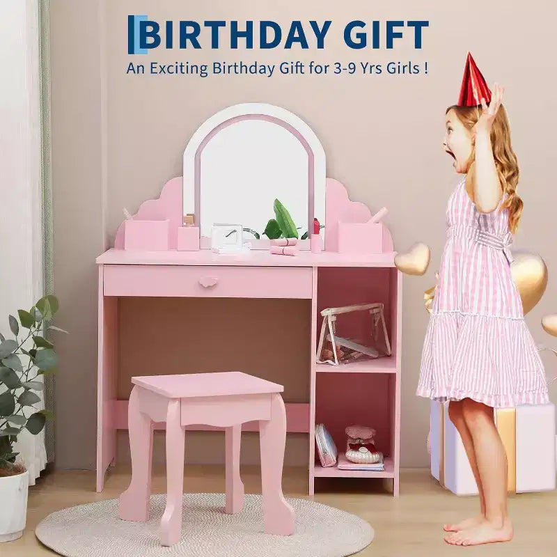 Coiffeuse pour enfants Acekool avec miroir, tabouret, tiroir, étagères de rangement, ensemble de table de maquillage princesse