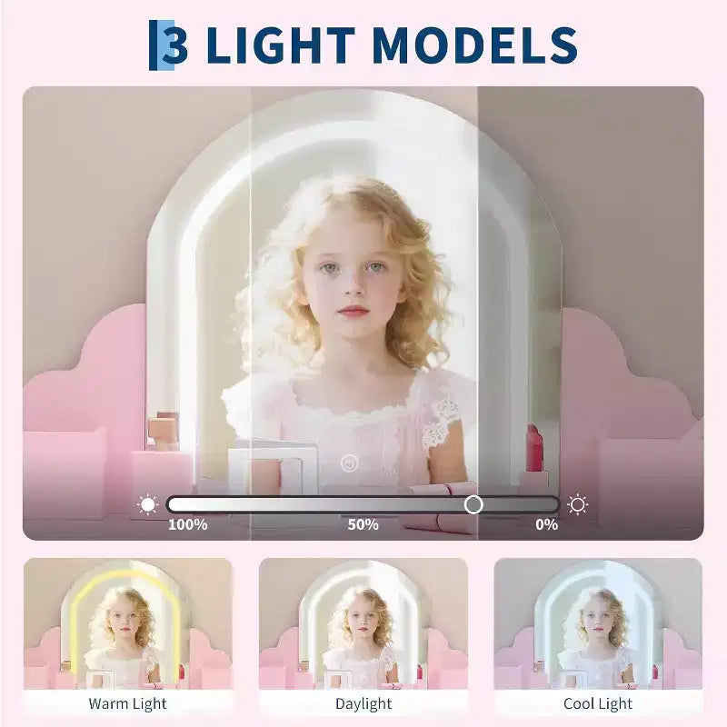 Coiffeuse pour enfants Acekool avec miroir, tabouret, tiroir, étagères de rangement, ensemble de table de maquillage princesse