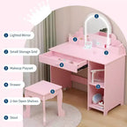 Coiffeuse pour enfants Acekool avec miroir, tabouret, tiroir, étagères de rangement, ensemble de table de maquillage princesse
