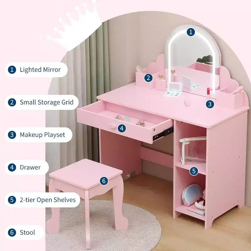 Coiffeuse pour enfants Acekool avec miroir, tabouret, tiroir, étagères de rangement, ensemble de table de maquillage princesse
