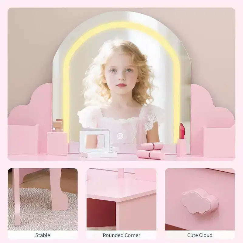 Coiffeuse pour enfants Acekool avec miroir, tabouret, tiroir, étagères de rangement, ensemble de table de maquillage princesse