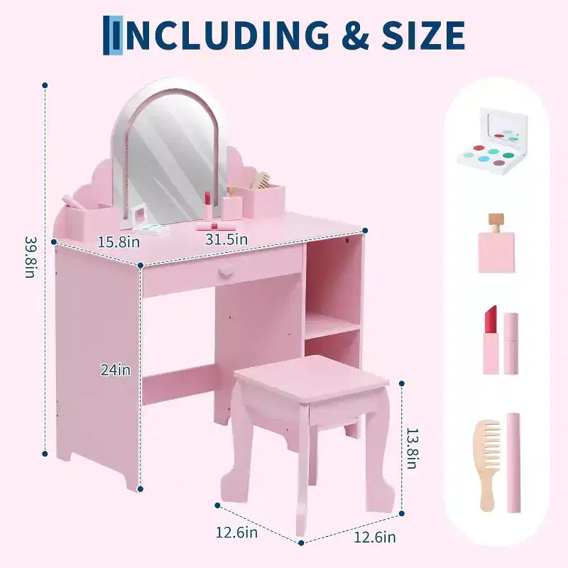 Coiffeuse pour enfants Acekool avec miroir, tabouret, tiroir, étagères de rangement, ensemble de table de maquillage princesse