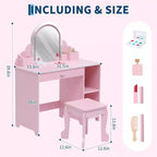 Coiffeuse pour enfants Acekool avec miroir, tabouret, tiroir, étagères de rangement, ensemble de table de maquillage princesse
