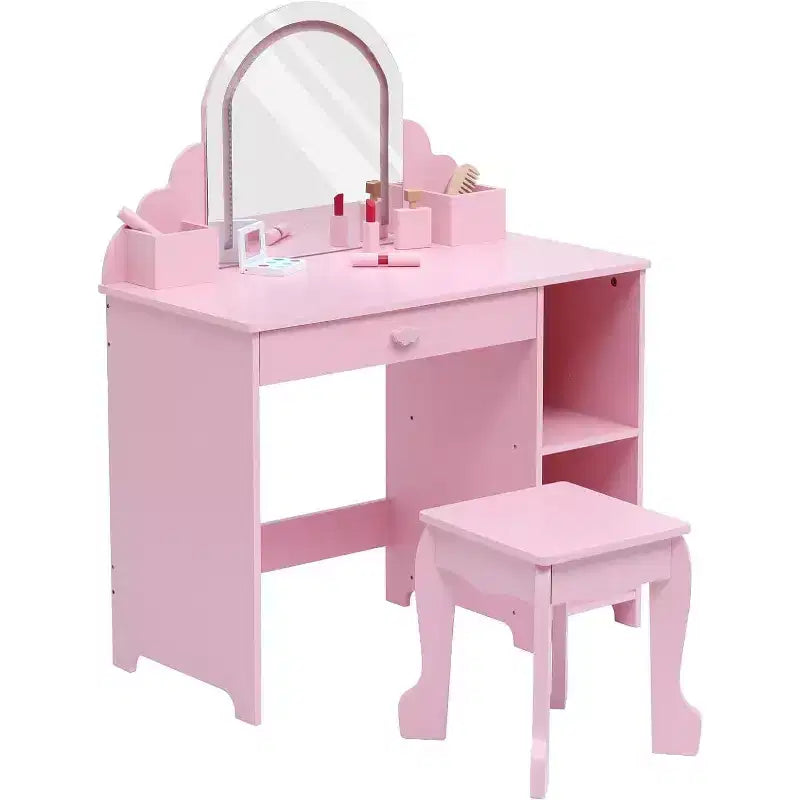 Acekool Kids Vanity Desk Dresser for Girls with Mirror, Stool, Drawer, Storage Shelves, Princess Makeup Table Set