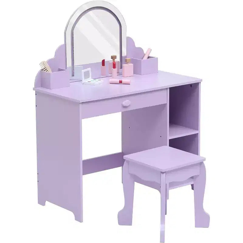 Coiffeuse pour enfants Acekool avec miroir, tabouret, tiroir, étagères de rangement, ensemble de table de maquillage princesse