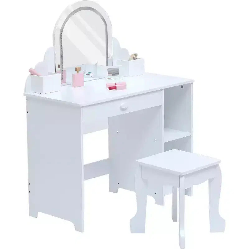 Coiffeuse pour enfants Acekool avec miroir, tabouret, tiroir, étagères de rangement, ensemble de table de maquillage princesse