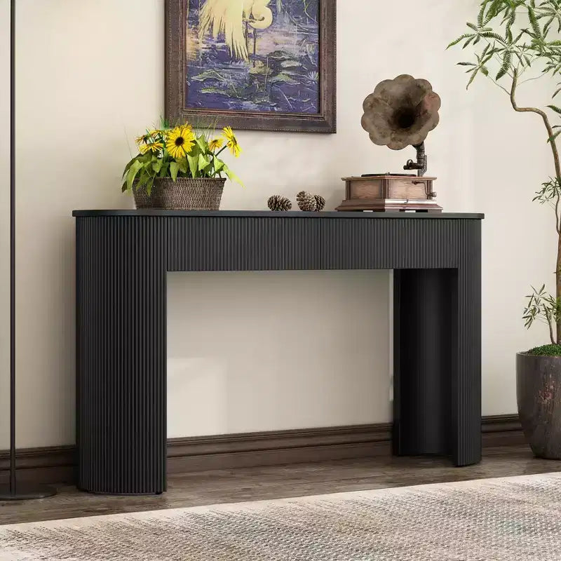 Okak 54IN Modern Console Table with Fluted Design, Entryway Table with 2 Storage Drawers and Oval Top, Accent Table for Hallway, Living Room, Black