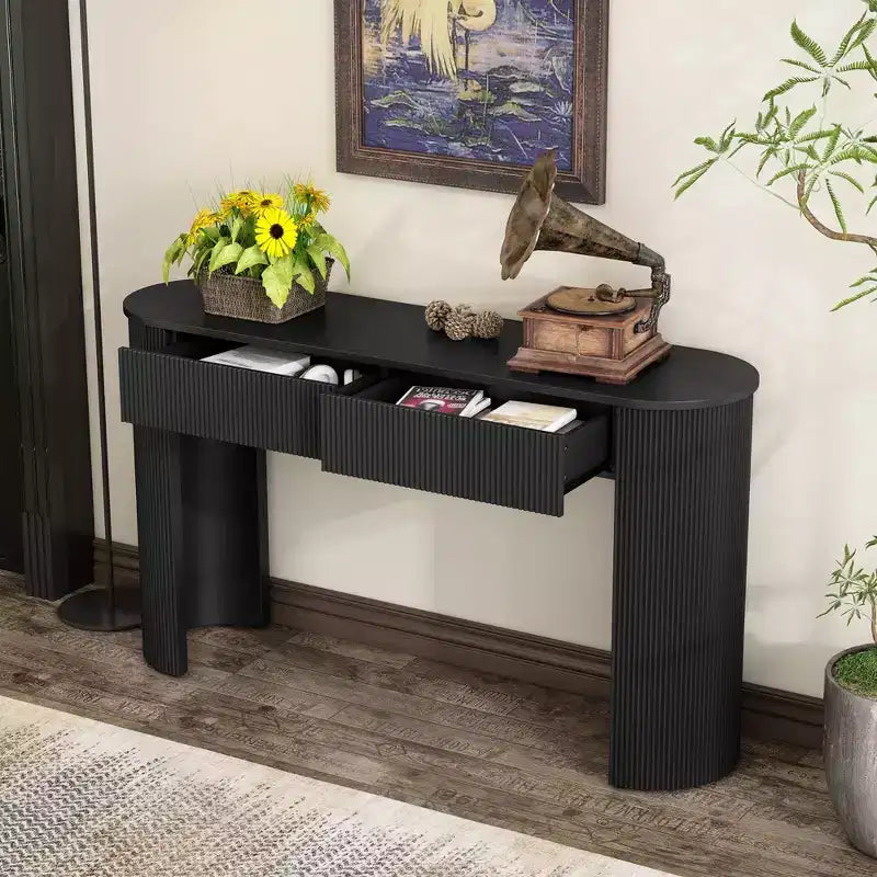 Okak 54IN Console moderne avec design cannelé, table d'entrée avec 2 tiroirs de rangement et plateau ovale, table d'appoint pour couloir, salon, noir