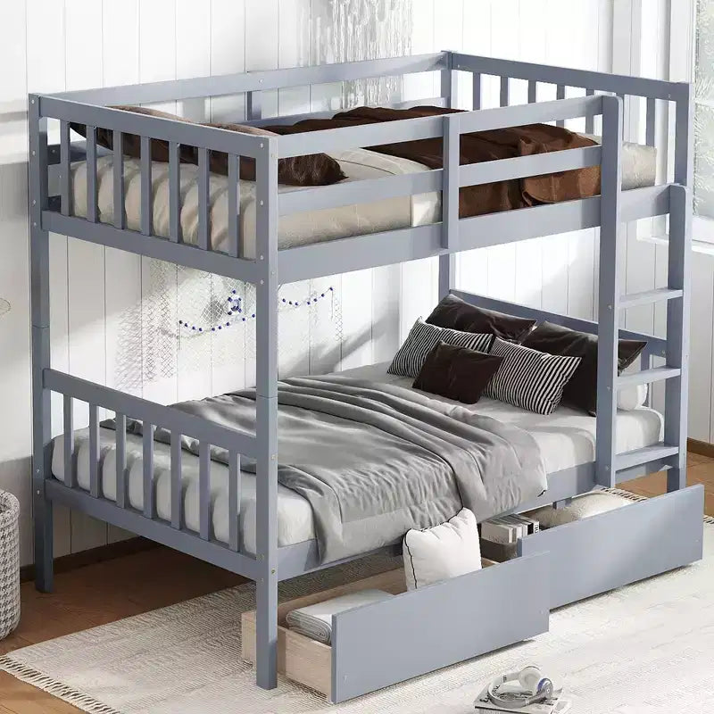 Okak 77.3IN Twin-Over-Twin Bunk Bed with 2 Storage Drawers, Mutifunction Bed Frames can Convertible into 2 Twin Beds for Bedroom, Kids Room, Gray