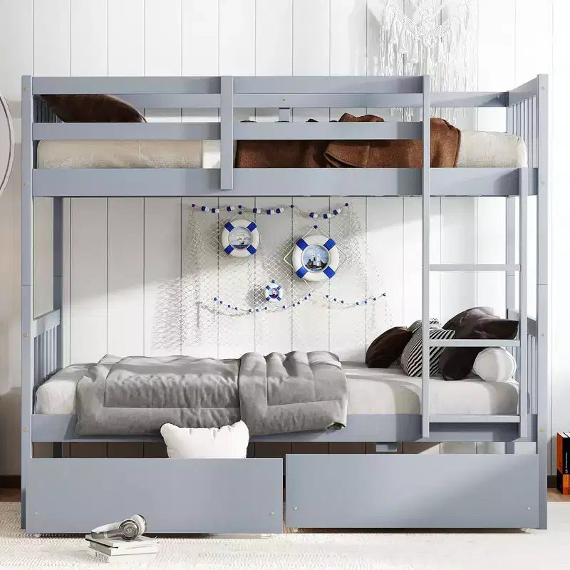 Okak 77.3IN Lit superposé jumeau sur jumeau avec 2 tiroirs de rangement, cadres de lit multifonctionnels convertibles en 2 lits jumeaux pour chambre à coucher, chambre d'enfant, gris