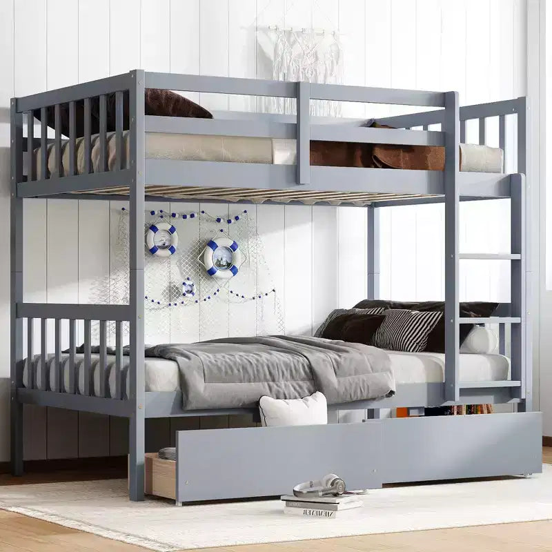 Okak 77.3IN Lit superposé jumeau sur jumeau avec 2 tiroirs de rangement, cadres de lit multifonctionnels convertibles en 2 lits jumeaux pour chambre à coucher, chambre d'enfant, gris