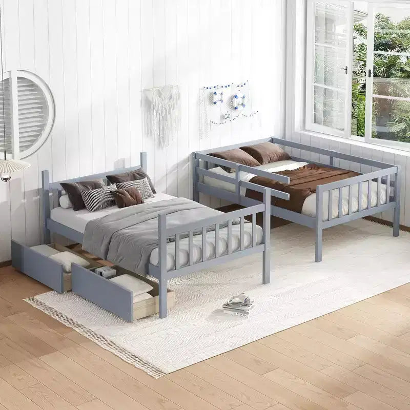 Okak 77.3IN Lit superposé jumeau sur jumeau avec 2 tiroirs de rangement, cadres de lit multifonctionnels convertibles en 2 lits jumeaux pour chambre à coucher, chambre d'enfant, gris