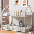 Okak 78IN Twin-Over-Twin Size Metal Bunk Bed, Bed Frames with Fence, Door and Safety Guardrail, Kids Bunk Beds for Kids Room, Bedroom, White