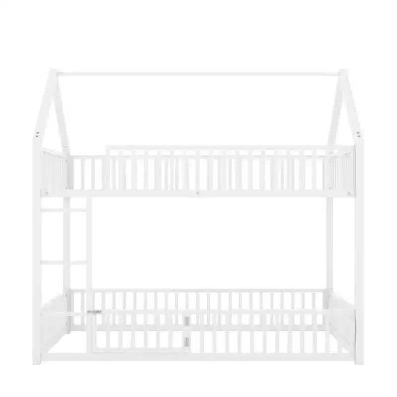 Lit superposé en métal double de 78 pouces Okak, cadres de lit avec clôture, porte et barrière de sécurité, lits superposés pour chambre d'enfants, chambre à coucher, blanc