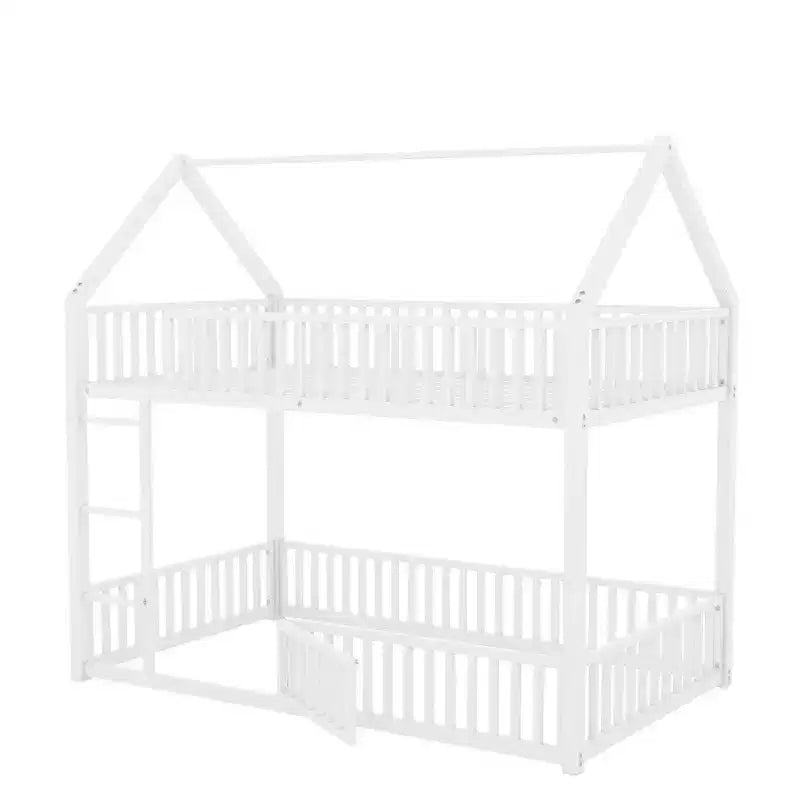 Lit superposé en métal double de 78 pouces Okak, cadres de lit avec clôture, porte et barrière de sécurité, lits superposés pour chambre d'enfants, chambre à coucher, blanc
