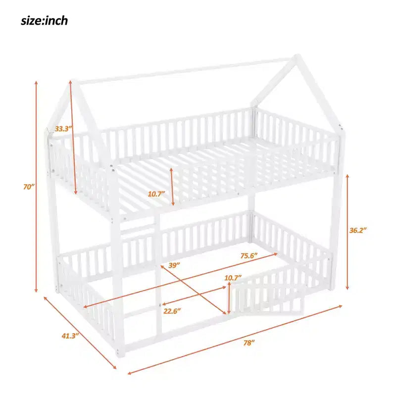 Lit superposé en métal double de 78 pouces Okak, cadres de lit avec clôture, porte et barrière de sécurité, lits superposés pour chambre d'enfants, chambre à coucher, blanc