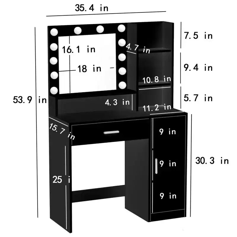 Coiffeuse moderne Okak avec miroir et lumières LED réglables, grande console de maquillage avec trois niveaux de rangement, table de maquillage pour chambres à coucher