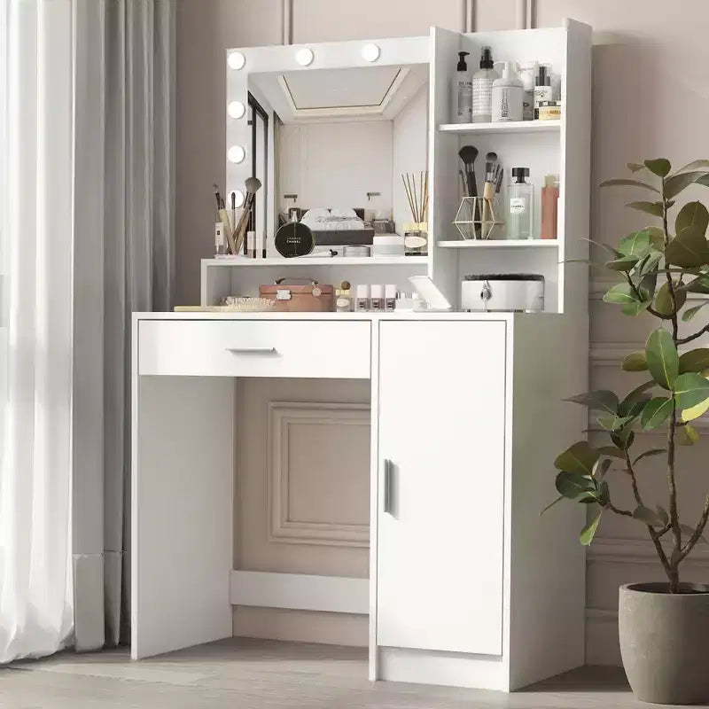 Coiffeuse moderne Okak avec miroir et lumières LED réglables, grande console de maquillage avec trois niveaux de rangement, table de maquillage pour chambres à coucher