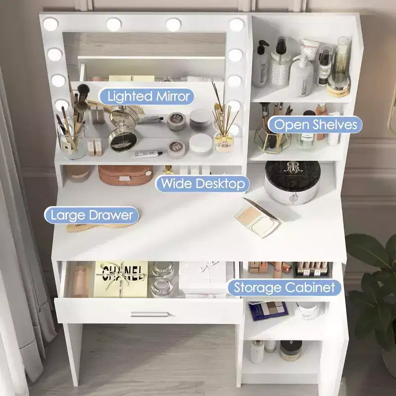 Coiffeuse moderne Okak avec miroir et lumières LED réglables, grande console de maquillage avec trois niveaux de rangement, table de maquillage pour chambres à coucher