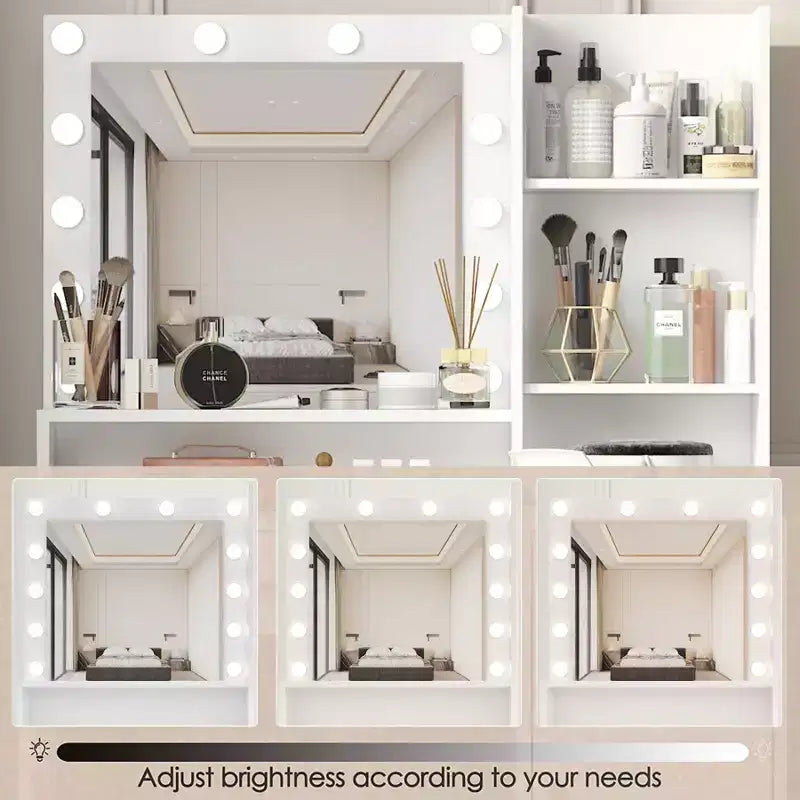 Coiffeuse moderne Okak avec miroir et lumières LED réglables, grande console de maquillage avec trois niveaux de rangement, table de maquillage pour chambres à coucher